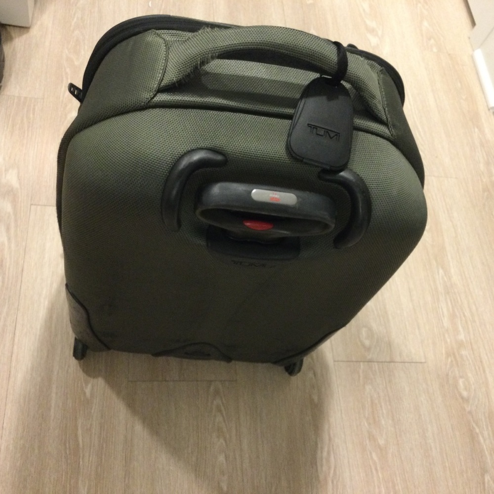 Tumi Olive Green Rolling Carry-On with Top Handle and Tumi Tag